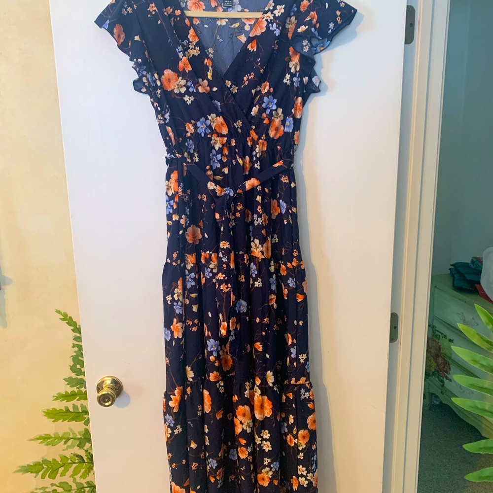 Floral High Low Dress - Navy and Orange